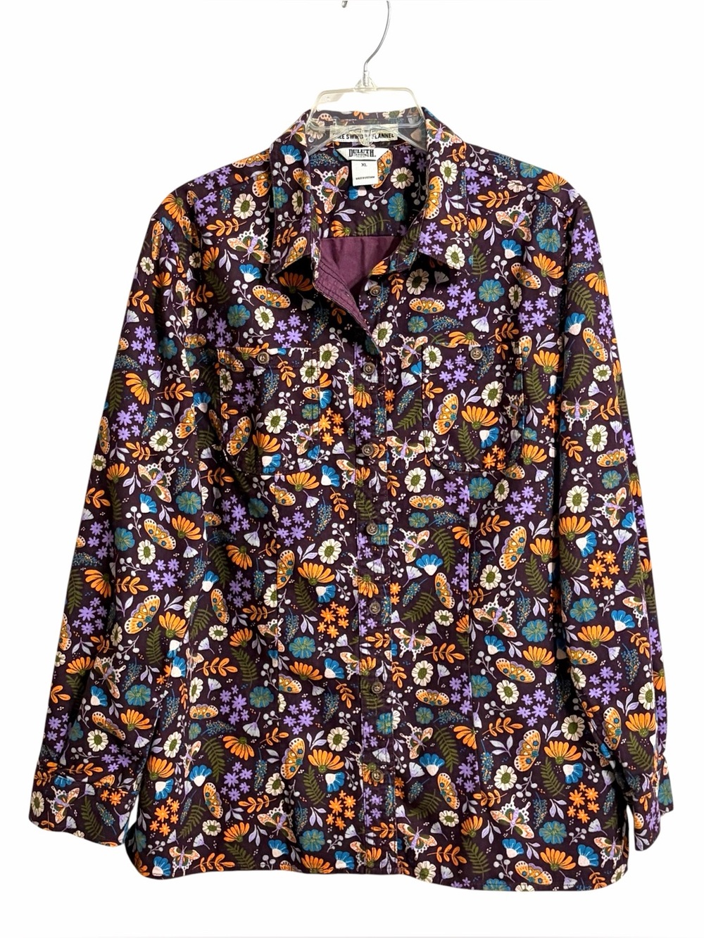 Duluth Trading Co Free Swingin Flannel Forest Floral Moth Top Womens XL Purple